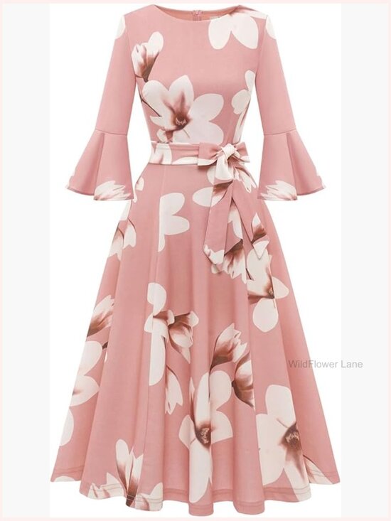 Dresses & Skirts - Modest Bell Sleeve Midi Dress with Belt - Wedding Guest Cocktail Tea Party
